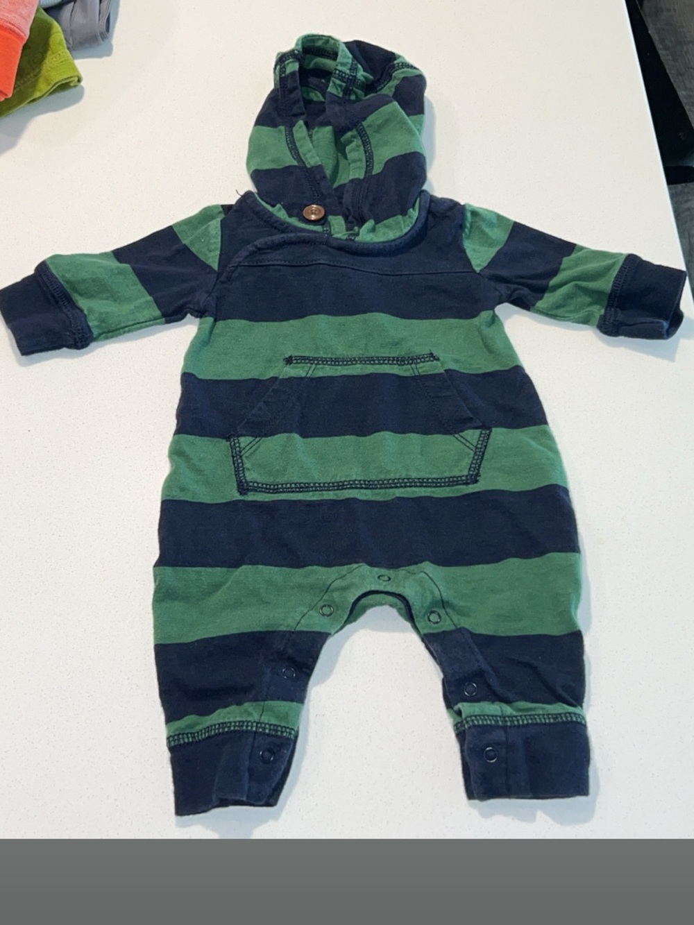 GAP Baby Hooded Romper in Green and Navy Stripes